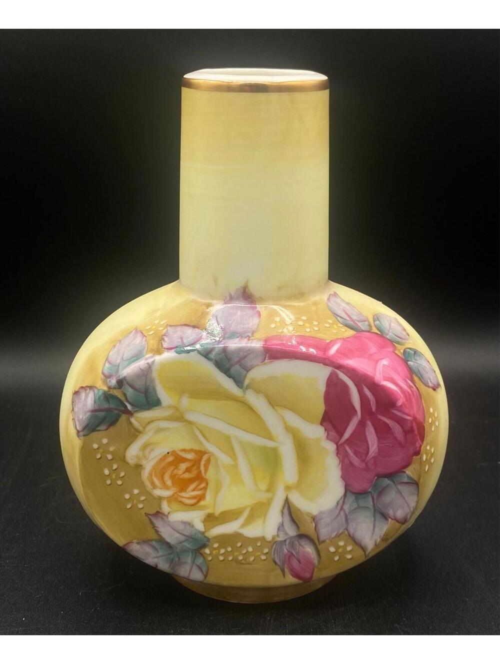 Vintage Nippon Hand Painted Vase Moriage Roses Gold Rim Japan Floral Art Pottery